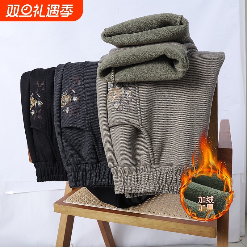 中年妈妈裤子春秋高腰直筒休闲长裤奶奶外穿松紧腰秋冬加绒运动裤