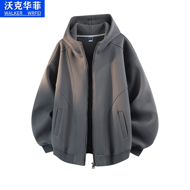 沃克华菲开衫卫衣男秋冬装夹克连帽上衣港风重磅加绒外套速干防风