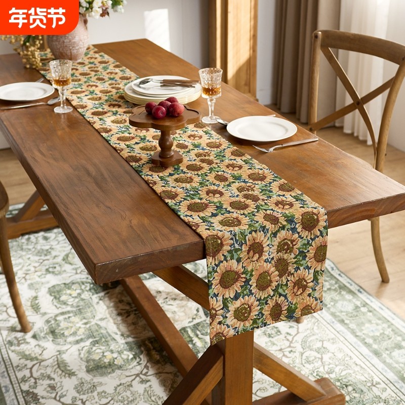 复古提花向日葵桌旗美式餐边柜旗布艺提花茶几电视柜长条尾巾,居家布艺,桌旗,淘宝优惠券,粉丝福利购,淘宝优惠卷