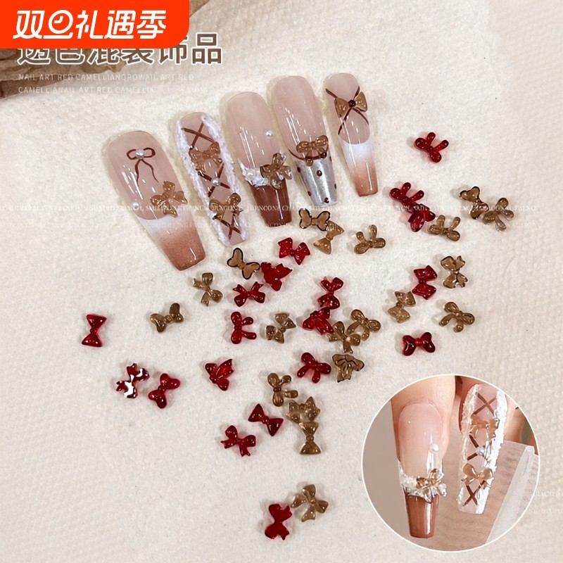 新款透色混装美甲饰品蝴蝶结飘带香槟酒红色迷你百搭穿戴甲装饰品