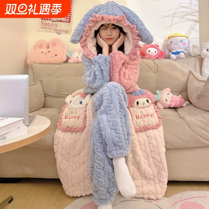 珊瑚绒睡袍女秋冬季2025年新款加绒加厚睡衣中长法兰绒浴袍家居服