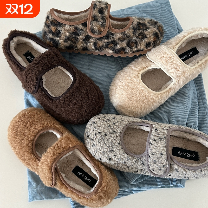 复古加绒玛丽珍棉鞋2025新款冬季外穿保暖一脚蹬魔术贴加绒毛毛鞋