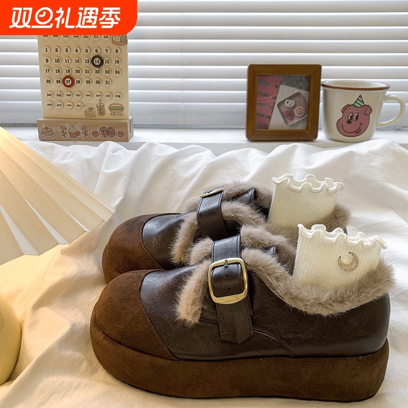复古松糕厚底毛毛乐福鞋女2025秋冬季新款加绒雪地靴拼接勃肯棉鞋