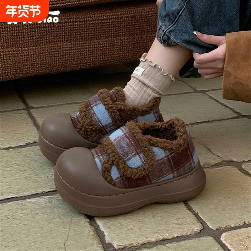 细细条复古撞色格子面包鞋棉鞋女冬ins外穿防滑厚底魔术贴毛毛鞋,女鞋,棉鞋,淘宝优惠券,粉丝福利购,淘宝优惠卷
