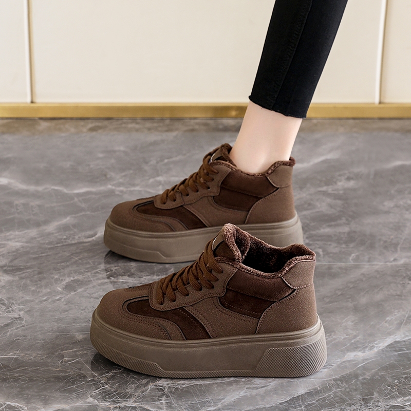 啄木鸟女鞋加绒美拉德运动棉鞋2025新款冬季加厚保暖高帮板鞋厚底