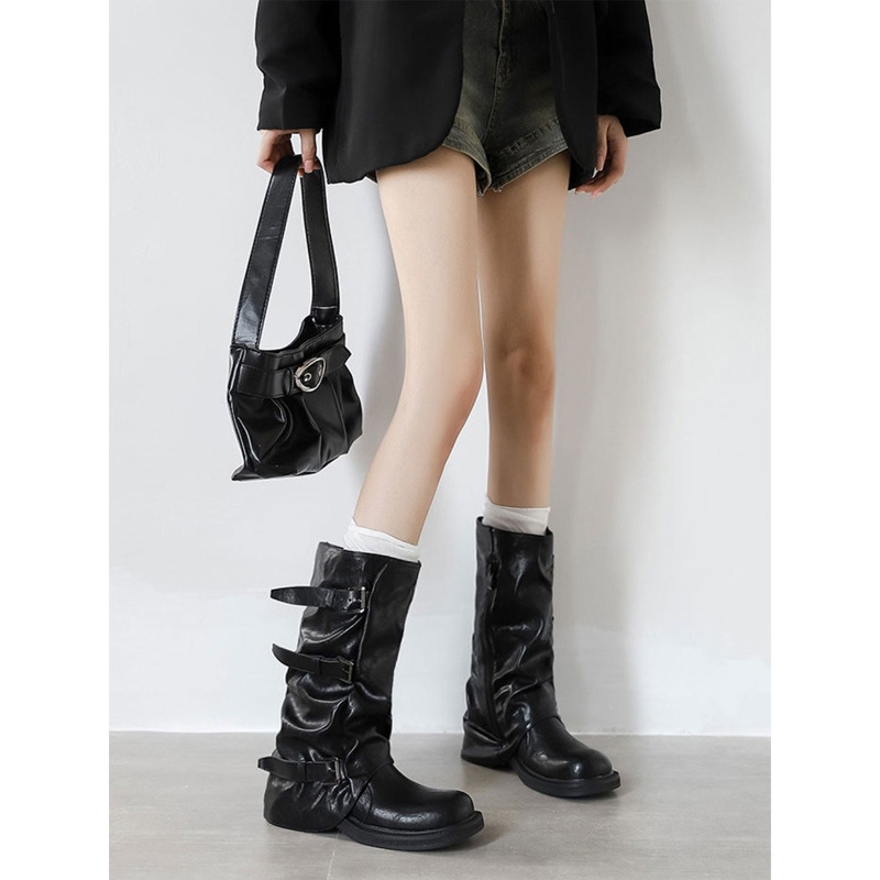 他她女孩复古粗跟中筒靴女厚底显瘦靴子女废土风堆堆短靴鞋子黑色