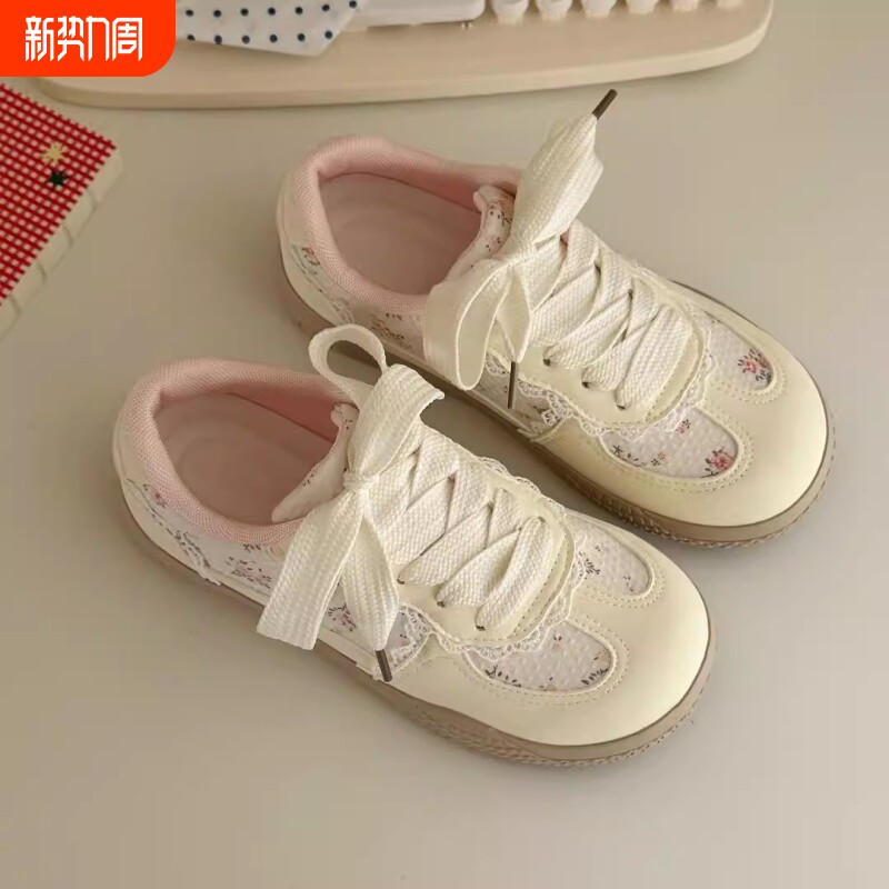 原创小众碎花蕾丝德训鞋女2025秋季学生运动休闲小白鞋子女圆头