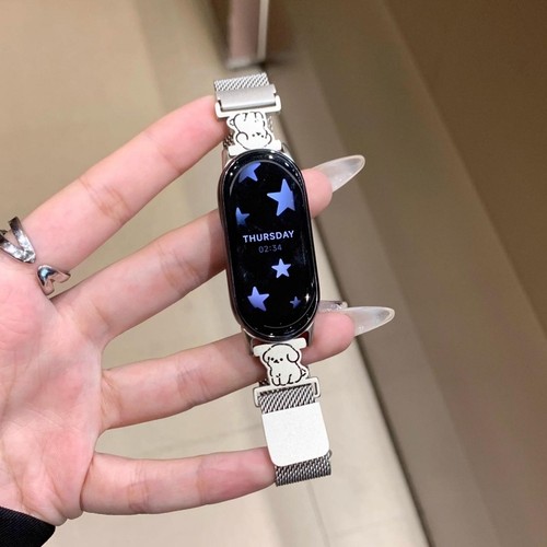 适用小米手环10NFC可爱小狗升级磁吸金属表带xaiomi9磁吸米兰不锈钢金属8NFC腕带金属个性高级小猫夏天情侣