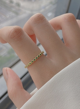 日韩S925纯银镀14K金祖母绿色开口戒指 小众设计高级感戒指女批发