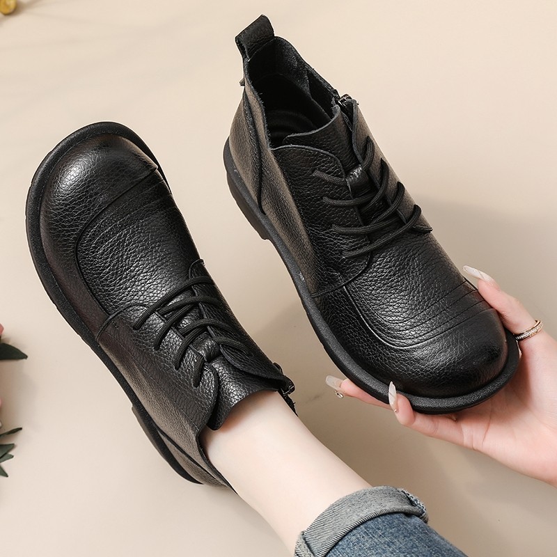 他她女孩头层牛皮2025冬季新款加绒短靴女单靴子软皮马丁靴真皮软