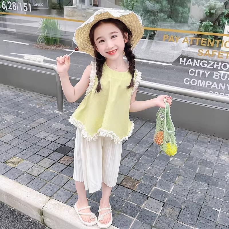 女童夏季套装2025新款度假风女孩花边无袖背心七分阔腿裤两件套潮