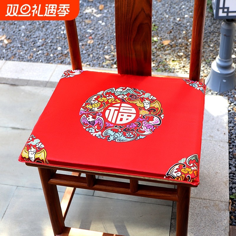 中式椅垫红木椅子坐垫茶椅垫垫子实木餐椅垫防滑带绑绳冬季红色