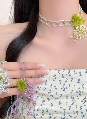 小众春日串珠花朵流苏项链女度假风气质颈链手工编织锁骨链配饰潮