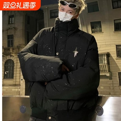 户外美式立领羽绒服男款冬季加厚满天星外套高街短款情侣面包黑色
