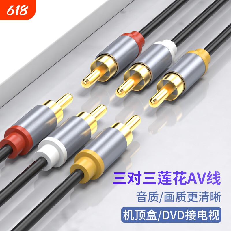 三对三莲花AV线音频线dvd线机顶盒子老电视机信号连接红黄白三色插头视频线输出3对3加延长线功放接口