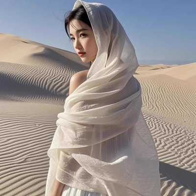 拍照围巾女出片沙漠旅游米白色茶卡盐湖丝巾复古防晒超大西北纱巾