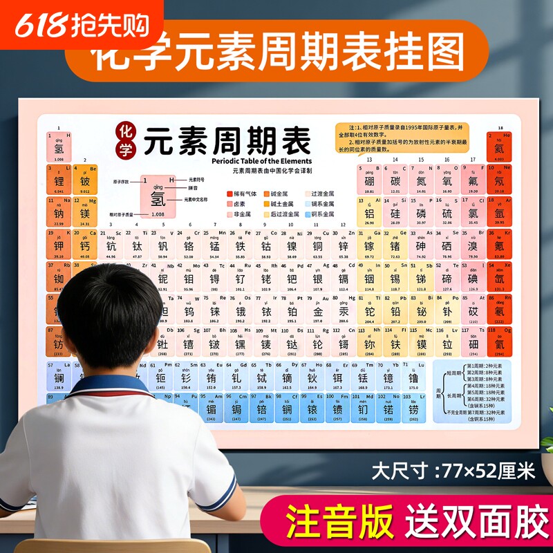 化学元素周期表挂图墙贴实物礼物初中初三高中大号拼音版卡片贴纸