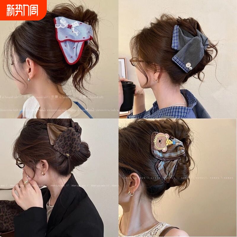 复古皮质豹纹卡通蕾丝格纹三角抓夹新款高级百搭后脑勺鲨鱼夹头饰