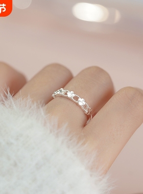 S999足银轻奢四叶草镂空戒指女甜美韩版韩式田园风指环