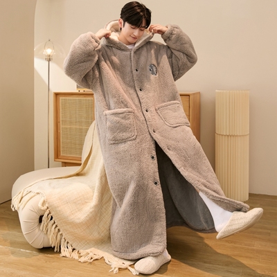 睡衣男士睡袍长款秋冬季珊瑚绒加厚加绒浴袍加肥加大男生冬天浴衣