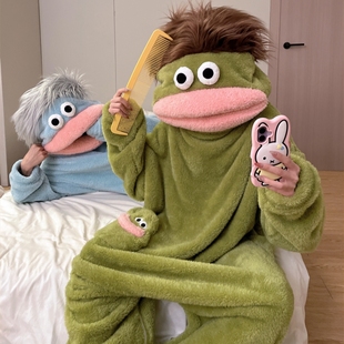 情侣丑鱼女款连体睡衣冬季珊瑚绒加厚保暖亲子搞怪大嘴怪睡袍加绒