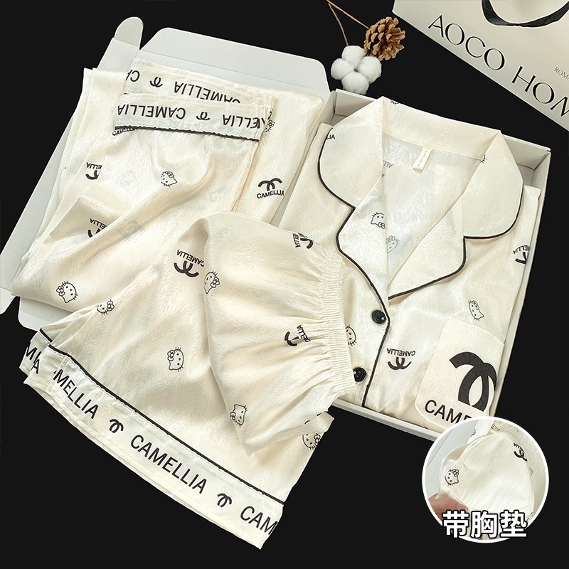 带胸垫睡衣女款夏季三件套冰丝卡通甜美2025新款夏天家居服可外穿