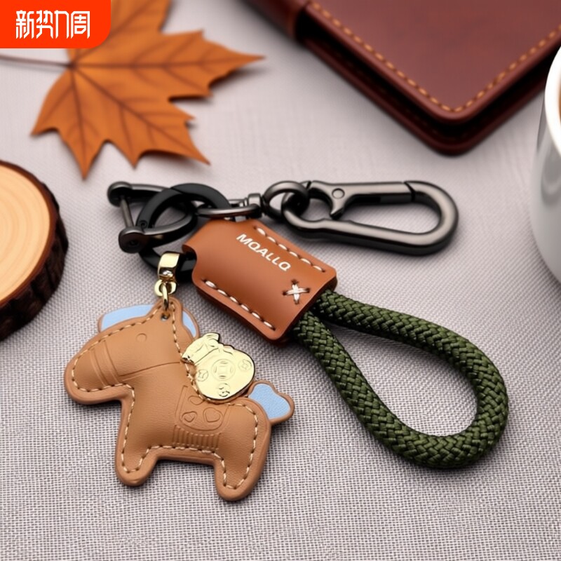 卡通马上有钱钥匙扣创意汽车钥匙链圈皮革手工编织绳书包挂件礼物