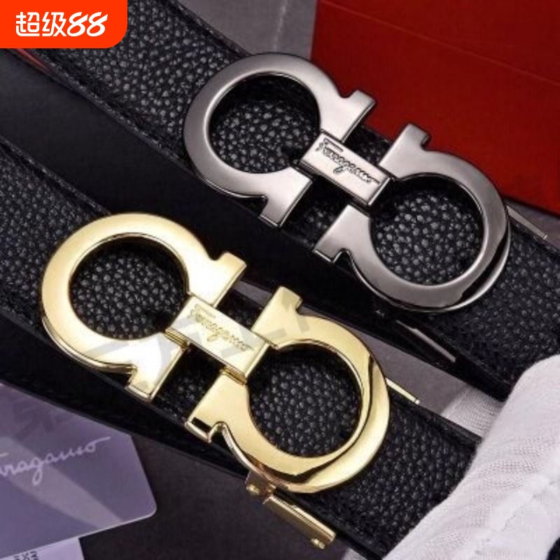 3.5CM8字扣无头皮带条马蹄纹黑色男士真皮头层纯牛皮奢侈大牌腰带