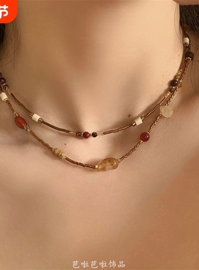 节日狂想 美拉德复古vintage天然石拼接串珠项链小众设计感锁骨链