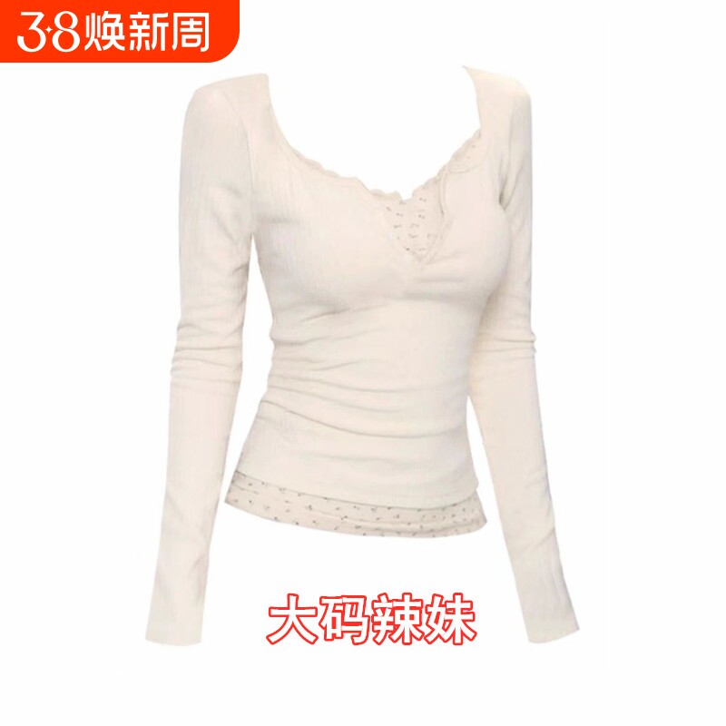 长袖上衣女春秋美式纯欲辣妹新款碎花假两件修身显瘦套头T恤大码