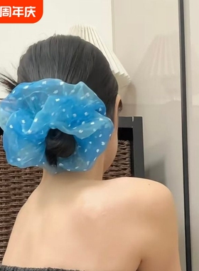 蓝眼泪韩系蓝色网纱波点大肠发圈女高级感慵懒风发绳扎头发头饰
