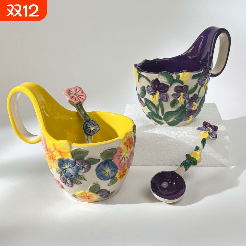 出口法国鸢尾花陶瓷马克杯曲把杯带勺早餐杯燕麦片碗加热牛奶碗