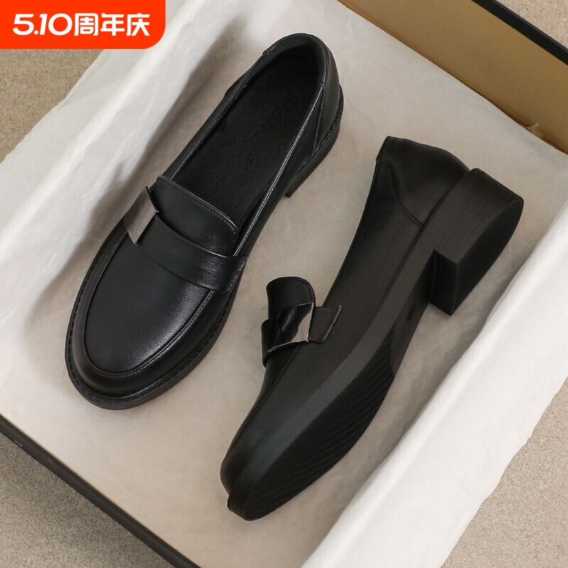 意尔康皮鞋女英伦风春秋软底职业乐福平底舒适鞋子蝴蝶结中跟
