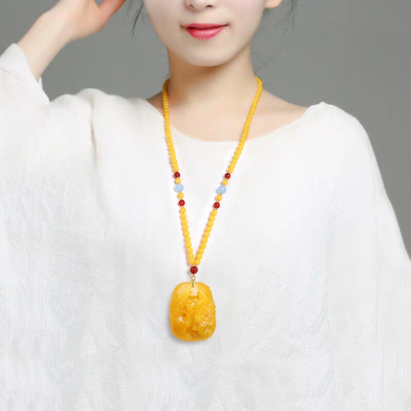 附证书天然老蜜蜡龙凤牌吊坠女项链无事牌琥珀牡丹貔貅毛衣链情侣