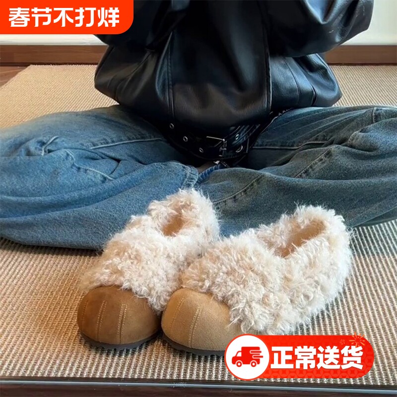 风靡家~复古风圆头猫爪内增高加绒包跟勃肯鞋女通勤保暖毛毛棉鞋