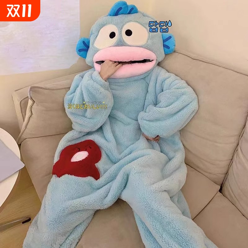 汉顿丑鱼连体睡衣女珊瑚绒加厚保暖秋冬季卡通搞怪情侣睡袍男可爱