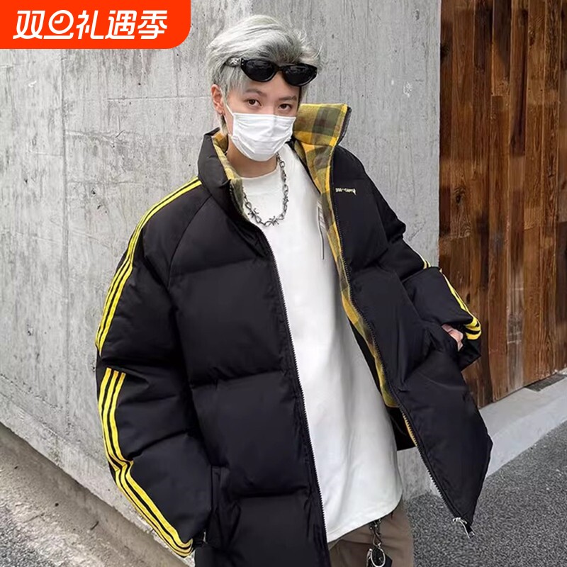 户外冬季宽松羽绒服立领格子翻领设计百搭ins潮流面包服加厚三杠