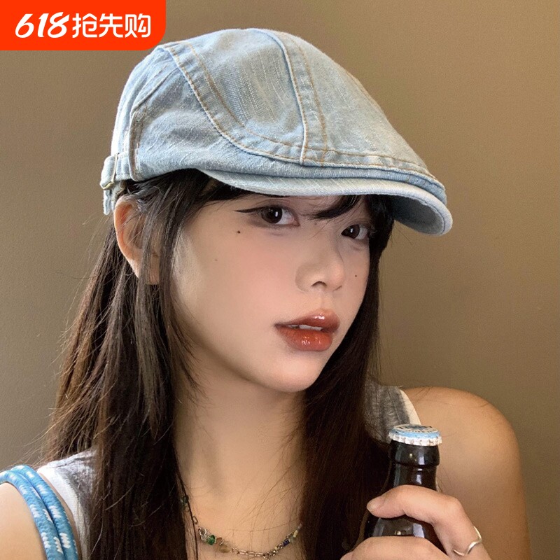 水洗牛仔前进帽女春夏款日系复古显脸小贝雷帽反戴大头围画家帽子