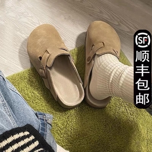 勃肯鞋包头半拖鞋女外穿孕妇胖mm博肯凉鞋穆勒鞋大码凉拖平底精致