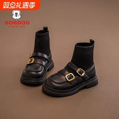 巴布豆女童皮鞋2025秋冬季儿童单靴马丁靴短靴宝宝袜子鞋加绒黑色
