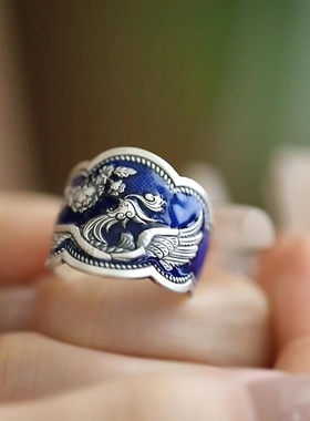 中古风珐琅蓝凤仪戒指