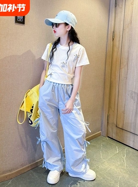 女童夏套装2026新款酷飒风儿童女孩蓝色工装裤女大童洋气夏装短袖
