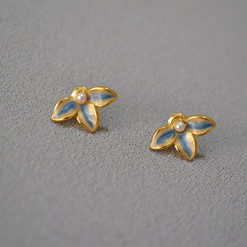 日系清新田园简约时尚气质手工珐琅树叶珍珠925银针甜美耳钉耳饰