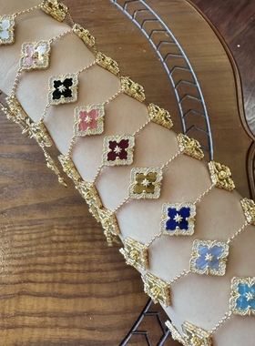 宫廷复古意大利高级感镭射雕刻五花手链镀金天然贝母百搭气质首饰