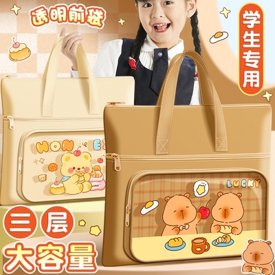 卡皮巴拉补习手提袋拎书袋小学生用帆布袋男女孩补习班作业美术袋大容量拉链式防水文件收纳袋儿童学习补课包