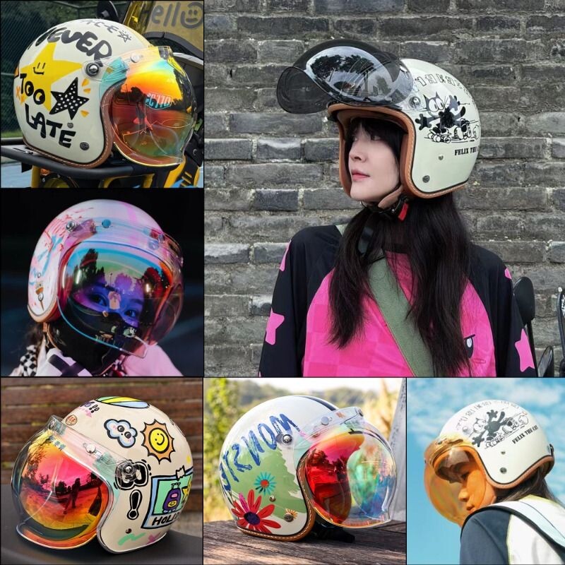 台湾摩托车头盔复古泡泡镜防晒防紫外线挡风沙镜片三扣式通用高清