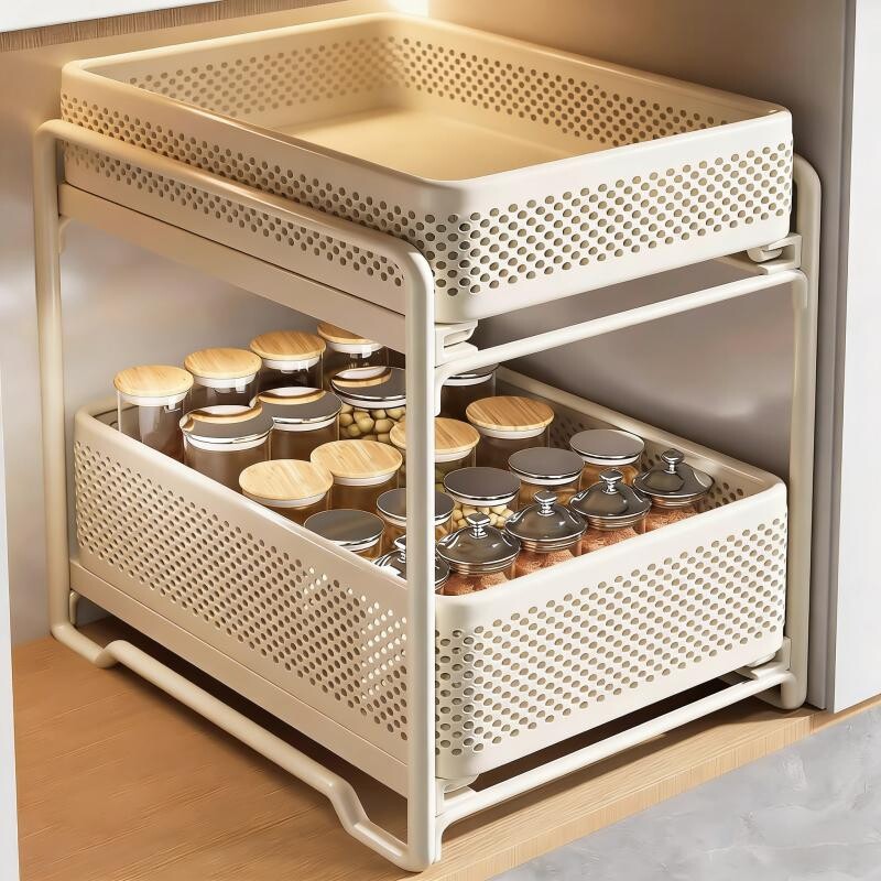 厨房抽拉式置物架橱柜内分层架子下水槽免打孔超深储物拉篮收纳架