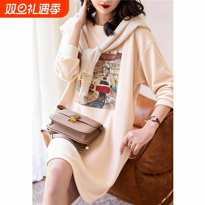 孕妇春秋休闲纯棉连衣裙新款高级感气质宽松显瘦中长款长袖卫衣裙