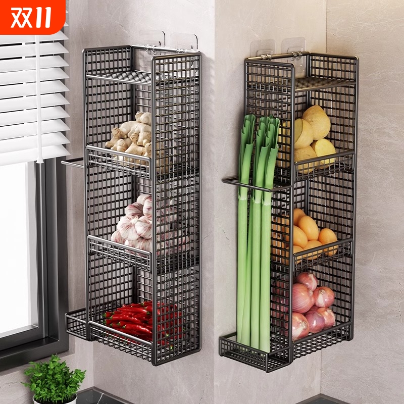 厨房葱姜蒜收纳置物架免打孔墙上壁挂式架多层放果蔬菜篮架子台面