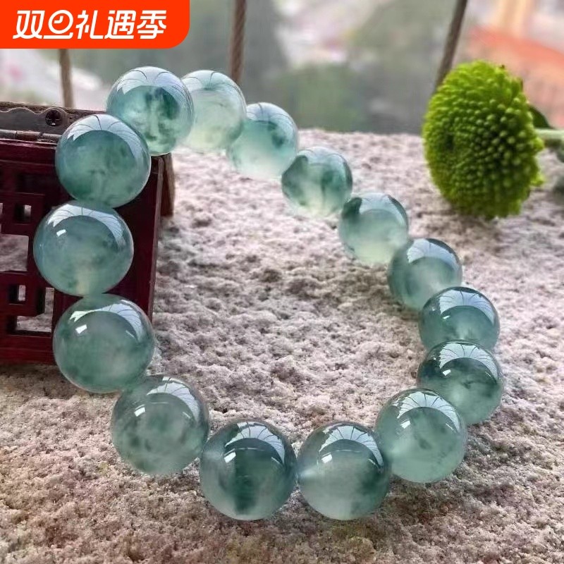 高冰种晴水底老坑翡翠色手链飘花蓝水手串仿天山翠翡翠送女友礼物